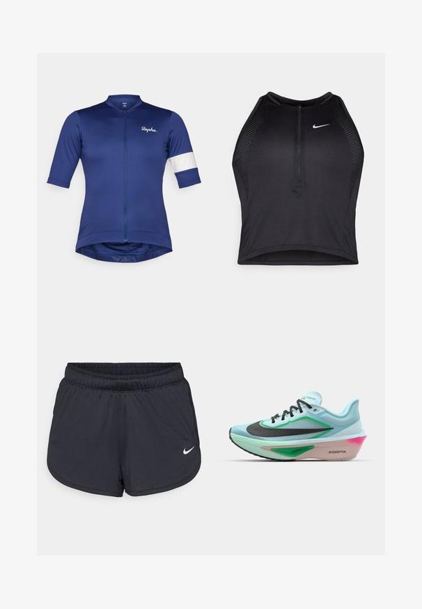 Maillot de cyclisme à manches courtes en tissu bleu foncé, doté d'une fermeture éclair à l'avant et d'une rayure blanche sur la manche ; conception légère et ajustée.; Crop top sportif noir avec fermeture éclair à l'avant, accents en mesh et design ajusté. Fabriqué en tissu extensible et respirant. Logo Nike à l'avant.; Shorts de sport noirs en tissu léger et respirant. Dotés d'une taille élastique et d'un logo Nike blanc sur le bas à droite.; Bottines de course bleu clair avec une tige en mesh noir texturé, des accents verts, une semelle intermédiaire teintée de rose et une semelle extérieure en caoutchouc. Comprend des lacets et des éléments de marque.