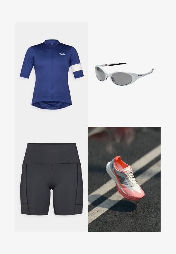 Short-sleeve cycling jersey in deep blue fabric, featuring a front zipper and white stripe on the sleeve; lightweight and form-fitting design.; Long-sleeve white athletic shirt made of stretchy fabric, featuring a round neck and a small black logo on the chest area.; Black high-waisted shorts made of stretchy fabric, featuring side pockets, flat seams, and a smooth texture for comfort during activities.; Running shoe with a white and pink upper, featuring a mesh texture, reflective accents, and a cushioned sole. Lightweight design for performance.; White plastic sunglasses with large oval lenses, gray tinted. Features black ear grips and a small logo on the frame. Smooth finish.