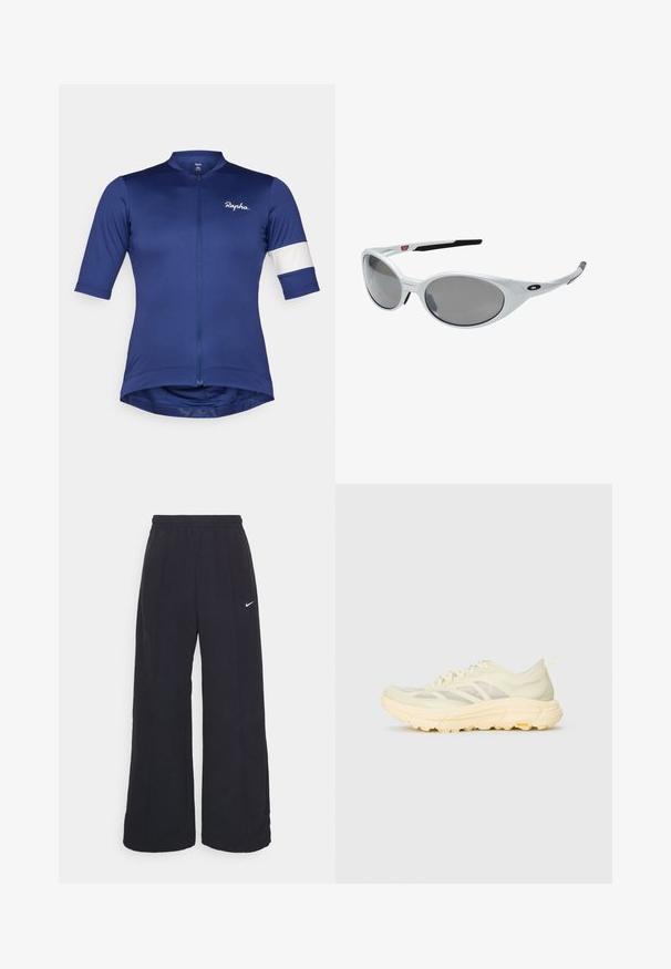 Kurzärmliges Fahrradtrikot aus tiefblauem Stoff, mit einem Reißverschluss vorne und einem weißen Streifen an den Ärmeln; leicht und figurbetont.; Langärmliges Oberteil mit hohem Kragen aus einem weichen, cremig weißen Stoff. Verfügt über eine glatte Textur und eine taillierte Passform, ohne Muster oder sichtbare Beschläge.; Schwarze weit geschnittene Hosen mit einem elastischen Bund und einem kleinen weißen Nike-Logo. Der Stoff hat eine glatte Textur und ist für Komfort und lässiges Tragen konzipiert.; Helle beige Sport-Sneaker mit durchscheinendem Obermaterial, dicker gepolsterter Sohle, seitlichen Schnürsenkeln und Vibram-Logo auf der Außensohle.; Weiße Kunststoff-Sonnenbrille mit großen, ovalen Gläsern in grauer Tönung. Verfügt über schwarze Ohrpolster und ein kleines Logo am Rahmen. Glatte Oberfläche.; Schwarzer Rucksack aus leichtem, strukturiertem Stoff mit einem zentralen Reißverschluss, verstellbaren Trägern und einem Griff oben. Mit einem Logo an der Seite.