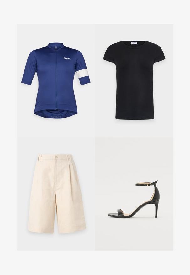 Korte mouwen wielertrui in diepblauwe stof, met een rits aan de voorkant en een witte streep op de mouw; lichtgewicht en aansluitend ontwerp.; Zwarte geribbelde T-shirt met een ronde hals en korte mouwen. Zacht stof met een aansluitende pasvorm, met een label bij de nek.; Beige linnen shorts met een relaxte pasvorm, voorzien van een knoopsluiting, geplooid ontwerp en knie-lange snit. Glad textuur en eenvoudig stijl.; Zwarte leren hoge hak sandaal met enkelbandje. Heeft een gladde textuur, open teen en een dunne hak. Gouden gesp detail.
