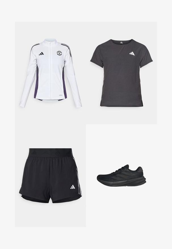 Veste zippée blanche à manches longues, avec des accents noirs et violets sur les côtés, arborant un logo sur la poitrine et trois bandes noires sur les épaules.; T-shirt de sport à manches courtes, gris foncé avec une texture perforée. Présente un logo blanc et des rayures latérales contrastantes. Encolure arrondie.; Shorts de sport noirs avec une taille élastique, dotés d'une bande texturée, de rayures sur les côtés, et d'un logo Adidas blanc sur l'ourlet inférieur.; Baskets de sport noires avec un dessus en maille, une forme épurée, une semelle plate et trois bandes diagonales sur le côté. Design léger pour le confort.