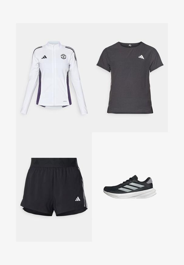 Witte zip-up jas met lange mouwen, zwarte en paarse accenten aan de zijkanten, voorzien van een logo op de borst en drie zwarte strepen op de schouders.; Korte mouwen sport t-shirt, donkergrijs met geperforeerde textuur. Bevat een wit logo en contrasterende zijstrepen. Ronde halslijn.; Zwarte sportshorts met een elastische tailleband, voorzien van een gestructureerde band, zijstrepen en een wit Adidas-logo op de onderrand.; Zwarte hardloopschoen met een mesh bovenzijde, drie zilveren strepen, witte middenzool en een gestructureerde loopzool. Heeft een gevoerde kraag en een vetersluiting.