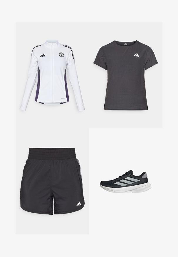 Biała kurtka zapinana na zamek błyskawiczny z długimi rękawami, z czarnymi i fioletowymi akcentami po bokach, z logo na piersi oraz trzema czarnymi paskami na ramionach.; Koszulka sportowa z krótkim rękawem, ciemnoszara z perforowaną teksturą. Posiada białe logo oraz kontrastowe paski po bokach. Okrągły dekolt.; Czarne spodenki sportowe z elastycznym paskiem w talii, bocznymi kieszeniami oraz białymi akcentami wzdłuż boków. Wykonane z lekkiego materiału.; Czarny but biegowy z siateczkowym wierzchem, trzema srebrnymi paskami, białą podeszwą środkową i teksturowaną podeszwą zewnętrzną. Posiada wyściełany kołnierz i zapięcie na sznurówki.