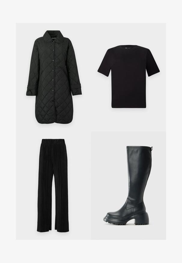 Casaco acolchoado preto com gola, fecho de botão de pressão e cintura com cinto; apresenta padrão de diamante e detalhes nas mangas.; T-shirt preta de mangas curtas com decote redondo, feita de tecido de algodão suave. Design simples, sem logótipos ou padrões visíveis.; Calças pregueadas pretas com uma cintura elástica. Apresentam pernas largas e um tecido liso, texturizado com riscas verticais.; Bota preta de couro alta com sola de plataforma robusta e salto bloco, apresentando puxador e padrão texturizado na sola.
