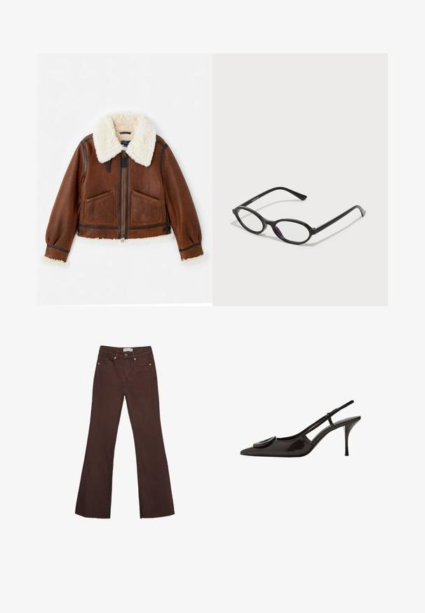 Smeđa kožna skraćena jakna s krema umjetnim ovčjim krznom na ovratniku, zatvaranje na patentni zatvarač sprijeda, dva velika džepa i rebrasti manžeti. Naglasci tamnog obruba.; Smeđi kratki rukav majica od mekog materijala, s okruglim izrezom i opuštenim krojem. Nema vidljivih uzoraka ili naglasaka.; Smeđe traperice s razrezom, visokog struka, s dva prednja džepa i mjedenim detaljima na pojasu i otvorima džepova.; Crne lakirane slingback cipele s oštrim vrhom, minimalističkim dizajnom, malim okruglim akcentom na prednjem dijelu i uskim potpeticama.; Crne naočale ovalnog okvira s prozirnim ljubičastim naglascima na lećama. Okviri imaju mat finiš i tanke, ravne temple.; Smeđa kožna torba s naboranim vrhom i lančićem za nošenje. Glatka tekstura s sjajnim završetkom i suptilnim šavnim detaljima sa strane.