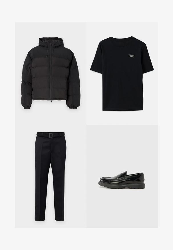 Μαύρο μπουφάν puffer με κουκούλα, κλείσιμο με φερμουάρ, ελαστικές μανσέτες και τετράγωνη γραμμή με επενδεδυμένα τμήματα για θερμομόνωση.; Μαύρο βαμβακερό μπλουζάκι με κοντά μανίκια, στρογγυλή λαιμόκοψη και μια μικρή λευκή γραφική απεικόνιση με αριθμούς στο αριστερό στήθος.; Μαύροι καλοραμμένοι παν trousers με λεία υφή, ίσια γραμμή και ζώνη με ορθογώνια πόρπη. Οι επισημασμένες πιέτες μπροστά ενισχύουν το σχέδιο.; Μαύρο δερμάτινο λούστρο με γυαλιστερή φινίρισμα, στρογγυλή μύτη, διακριτικές ραφές και παχύ καουτσούκ σόλα για ανθεκτικότητα.