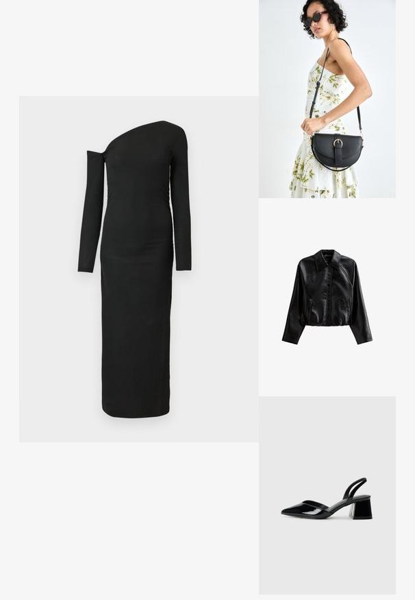 Czarna, krótka skórzana kurtka z kołnierzykiem, zapięciem na guziki i kieszeniami bocznymi. Charakteryzuje się gładką fakturą i rękawami raglanowymi.; Czarna, dopasowana, długa sukienka z długim rękawem, o asymetrycznym dekolcie i marszczonym detalu z boku, wykonana z prążkowanej tkaniny.; Czarne lakierowane półbuty na obcasie z wydłużonym noskiem i geometrycznym słupkiem. Charakteryzują się eleganckim, minimalistycznym designem oraz gładką fakturą.; Czarna skórzana torebka o zakrzywionym kształcie, z odpinanym paskiem i złotymi akcentami. Torebka posiada klapę z zapięciem w kształcie klamry.