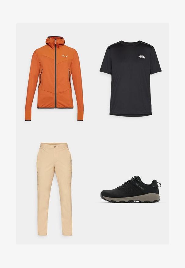 Oranža sporta jaka ar teksturētu dizainu, augstu apkakli, ar rāvējslēdzējiem aizveramām kabatām un kontrastējošiem melniem rāvējslēdzējiem un piedurknēm.; Melnas īsām piedurknēm T-kreklas, izgatavots no viegla auduma. Uz kreisā krūtīm ir neliels balts logo un smalki plecu akcenti.; Beige kravas bikses ar pogu aizdari, šauru piegriezumu, sānu kabatām un gludu kokvilnas maisījuma audumu. Nav pamanāmu rakstu vai akcentu.; Melnas pārgājienu kurpes ar gludu virsu, perforētu dizainu, pelēku zoli un nostiprinātu papēdi. Iekļauj auklas un cilpu vieglai uzvilkšanai.