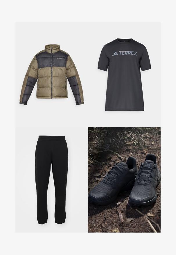 Alyvuogių žalia ir juoda pūkinė striukė, su aukštu apykakle, užtrauktuku ir siuvinėjimu su apklijavimu bei kontrastingomis rankovėmis.; Juodas trumpų rankovių marškinėliai iš lengvo audinio, su šviesiai pilku „TERREX“ logotipu krūtinėje ir apvaliu iškirpimu.; Juodi sportiniai pantalai, pagaminti iš medvilnės mišinio, su elastinga juosmeniu, siaurėjančiomis kojomis ir sutrauktomis rankovėmis ties kulkšniais. Paprastas dizainas, be raštų.; Juodi sportiniai batai su tekstūriniu megztu paviršiumi, sustiprinta nosimi ir paminkštintu padu, išdėstyti ant žemės, kurioje išsibarsčiusios šakelės.