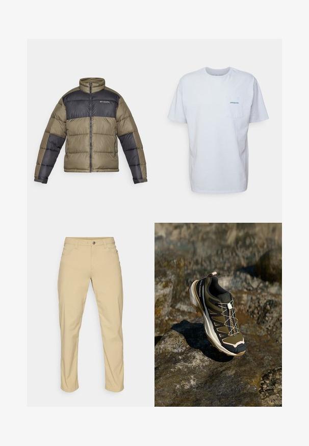 Puffer jacket in olive green and black, featuring a high collar, zip closure, and quilted design with padded texture and contrasting sleeves.; White cotton t-shirt with short sleeves, round neck, and a left chest pocket featuring a blue "Patagonia" logo. Classic fit with a smooth texture.; Patagonia QUANDARY PANTS - Outdoor trousers - classic tan; Hiking shoe in olive green and black with pink accents. Features a textured upper, flexible sole, reinforced toe cap, and colorful lacing system.