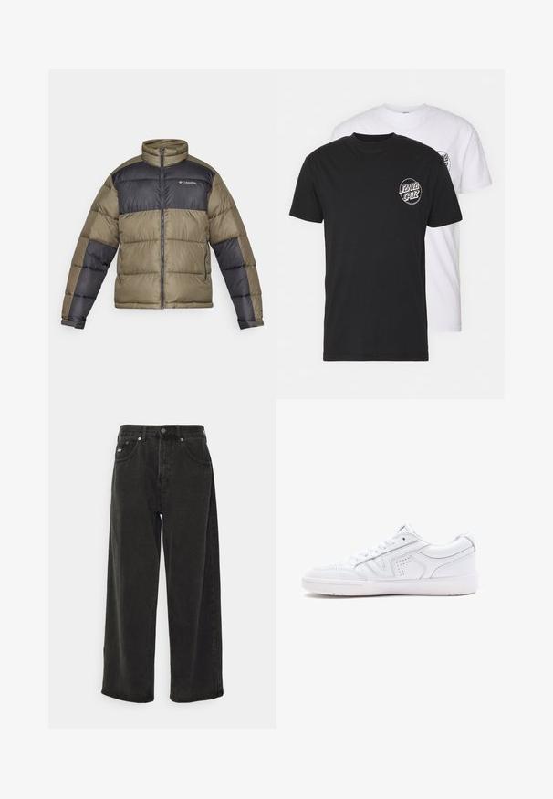 Pufová bunda v olivově zelené a černé barvě s vysokým límcem, zipovým zapínáním a prošívaným designem s polstrovanou texturou a kontrastními rukávy.; Balení dvou triček: jedno černé, jedno bílé. Obě mají krátké rukávy a kulaté logo na hrudi v kontrastní barvě. Bavlněný materiál.; Obey Clothing BIGWIG BAGGY - Baggy džíny - black; Bílé kožené tenisky s nízkým střihem, kulatou špičkou, perforovanými detaily a texturovanou podešví. Obsahují tkaničky a jemné prošívání.