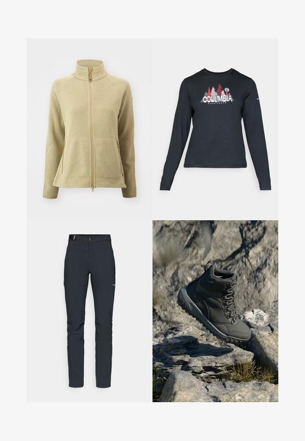 Fleece bunda vo svetlej béžovej farbe s vysokým golierom, predným zipsom a dvoma bočnými vreckami. obsahuje štruktúrovanú tkaninu a kontrastné švy.; Dlhý rukáv, tmavošedá košeľa s grafikou červených stromov a hôr; logo "COLUMBIA" v tučnom bielom texte. Mäkká tkanina, štandardný okrúhly výstrih.; Pánske outdoorové nohavice, tmavo šedé, vyrobené z flexibilného materiálu, s opaskom, so zipsovými vreckami a vystuženým šitím.; Tmavošedá turistická obuv vyrobená z syntetického materiálu, s polstrovaným golierom, kovovými očkami a textúrovanou gumovou podrážkou pre lepšiu trakciu.