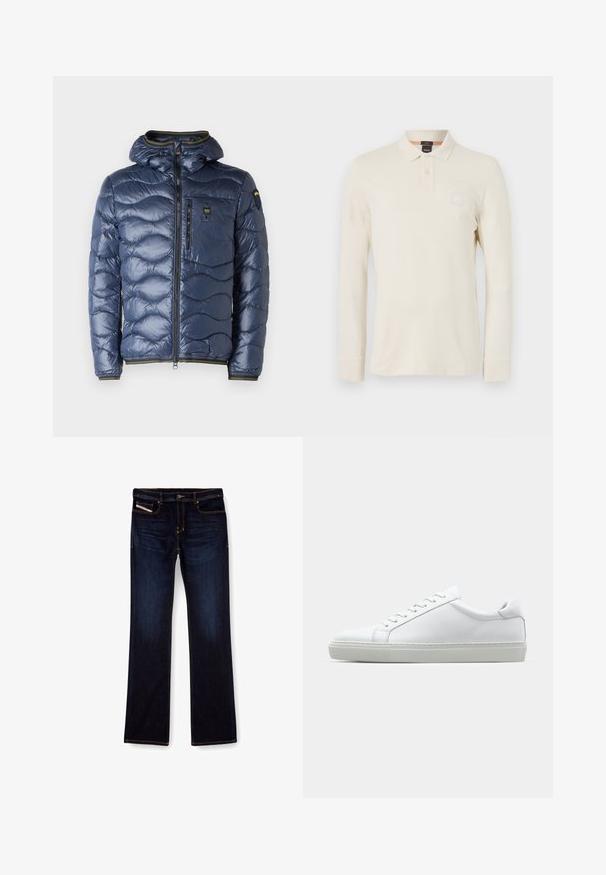 Navyblaue Steppjacke mit Kapuze, ausgestattet mit einem gesteppten Design, einem Reißverschluss vorne und elastischen Bündchen. Sie hat eine Tasche auf der Brust.; Langarm-Polo-Shirt in hellem Beige, aus glattem Stoff gefertigt, mit einem Polo-Kragen, einer zwei-Knopf-Leiste und einem kleinen Logo-Patch auf der Brust.; Dunkelblaue Jeans aus Denim mit geradem Bein, ausgestattet mit orangefarbenen Nähten, einem Reißverschluss und Vordertaschen. Glatte Textur und Standardbund.; Weißer Sneaker mit glattem Lederobermaterial und niedrigem Profil. Verfügt über eine runde Zehenpartie, sechs Ösen und eine strukturierte Gummisohle.