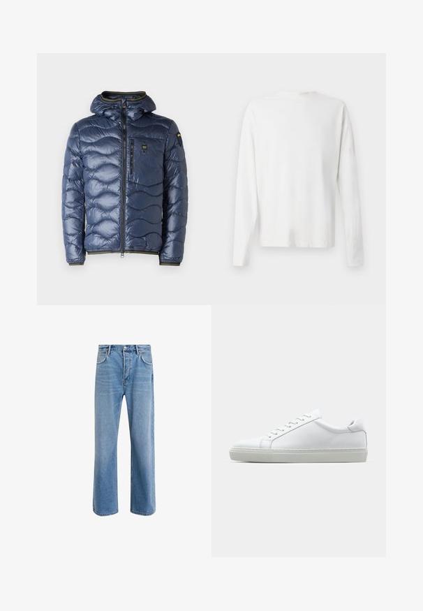 Giacca puffer blu navy con cappuccio, caratterizzata da un design a quadri, zip anteriore e polsini elasticizzati. Include una tasca sul petto.; Camicia bianca in cotone a maniche lunghe con scollatura rotonda, spacchi laterali in fondo e una texture liscia, mostrata da dietro.; Jeans in denim blu chiaro con design a gamba dritta, cinque tasche, chiusura con bottone, leggero sbiadimento e dettagli di cucitura a contrasto.; Sneaker bianco con tomaia in pelle liscia e profilo basso. Presenta una punta arrotondata, sei occhielli e una suola in gomma testurizzata.