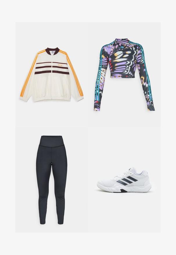 adidas Originals TRACK TOP - Casaco de treino - off white/shadow brown; Top atlético de manga longa e cropped com padrão colorido de asas de borboleta e detalhes em teal com três riscas nas mangas.; Leggings atléticos pretos de cintura alta com costuras planas, projetados para um ajuste justo e flexibilidade.; Tênis atlético branco com parte superior em malha, três listras pretas de cada lado, detalhes texturizados e uma sola de borracha resistente com uma seção preta contrastante.