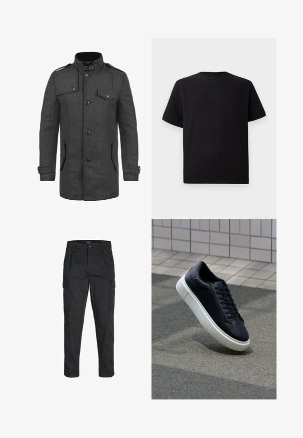 Donkergrijze jas met visgraatpatroon, hoge kraag, vier voorzakken, knopen en schouderepauletten; gemaakt van gestructureerde stof.; Zwarte T-shirt met korte mouwen van gemerceriseerd stof, met een ronde halslijn en een relaxte pasvorm. Eenvoudig, zonder patronen of accenten.; Zwarte cargobroek van stevig stof, met meerdere zakken, een knoopsluiting en een slim fit ontwerp met taps toelopende benen.; Zwarte leren sneaker met een ronde neus en een witte rubberen zool. Voorzien van platte veters en minimale stiksels op het bovenwerk. Textuurrijke zool voor grip.