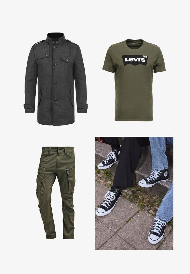 Donkergrijze jas met visgraatpatroon, hoge kraag, vier voorzakken, knopen en schouderepauletten; gemaakt van gestructureerde stof.; Olijfgroen katoenen T-shirt met een groot zwart Levi's-logo op de voorkant. Klassieke ronde hals en korte mouwen, gladde textuur.; Olijfgroene cargobroek gemaakt van stevig katoen. Beschikt over meerdere zakken, een met rits afgesloten zijzak en taps toelopende pijpen met een licht getextureerde afwerking.; Zwarte canvas sneakers met hoge schacht, witte rubberen zolen en veters, met een cirkelvormig logo aan de zijkant, gecombineerd met denim en zwarte broeken.