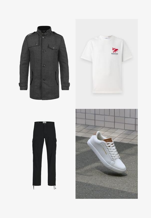 Herringbone patterned dark grey coat with a high collar, four front pockets, buttons, and shoulder epaulets; made from textured fabric.; White cotton t-shirt featuring a red cowboy and horse graphic on the left chest with "RODEO DAYS" text beneath the design.; Black cargo pants with a straight cut, featuring side pockets, a button closure, and elastic drawstrings at the ankles. Made from durable fabric.; White leather sneakers with a smooth texture, tan accent on the heel, gold logo on the side, and a rubber sole with a textured grip.