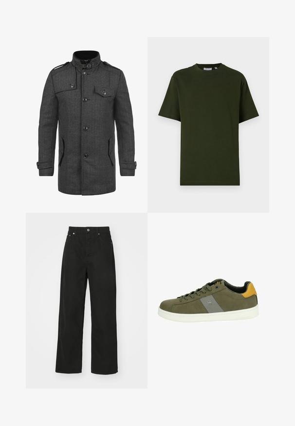 Dunkelgrauer Mantel mit Fischgrätmuster, hohem Kragen, vier Vordertaschen, Knöpfen und Schulterklappen; aus strukturiertem Stoff gefertigt.; Dunkelgrünes, kurzärmeliges T-Shirt aus Baumwolle. Rundhalsausschnitt, lässige Passform und glatte Textur ohne sichtbare Muster oder Akzente.; Schwarze Denim-Hosen mit geradem Bein, ausgestattet mit fünf Taschen, einem Knopfverschluss und einem klassischen Bund. Glatte Textur.; Olivgrüner Sneaker aus strukturiertem Synthetikmaterial, mit weißer Sohle, grauem Seitenstreifen und gelbem Absatzakzent.