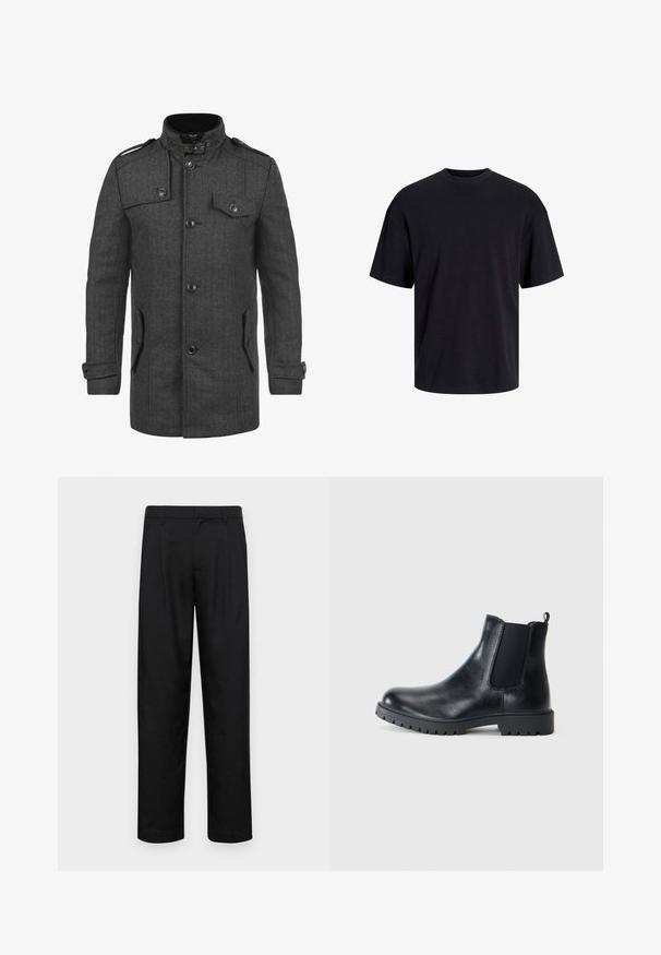 Płaszcz w ciemnoszarym kolorze z wzorem jodełki, z wysokim kołnierzem, czterema przednimi kieszeniami, guzikami i naramiennikami; wykonany z tkaniny o fakturze.; Czarna bawełniana koszulka z okrągłym dekoltem, krótkimi rękawami i luźnym krojem. Gładka tekstura, bez widocznych wzorów czy akcentów.; Czarne spodnie wykonane z gładkiego materiału, z prostą nogawką, dwoma fałdami z przodu oraz standardowym paskiem z wypustkami na pasek.; Czarne skórzane botki Chelsea mają elastyczne boki, zaokrąglony czubek i gumową podeszwę z bieżnikiem. Minimalistyczny design z uchwytem.