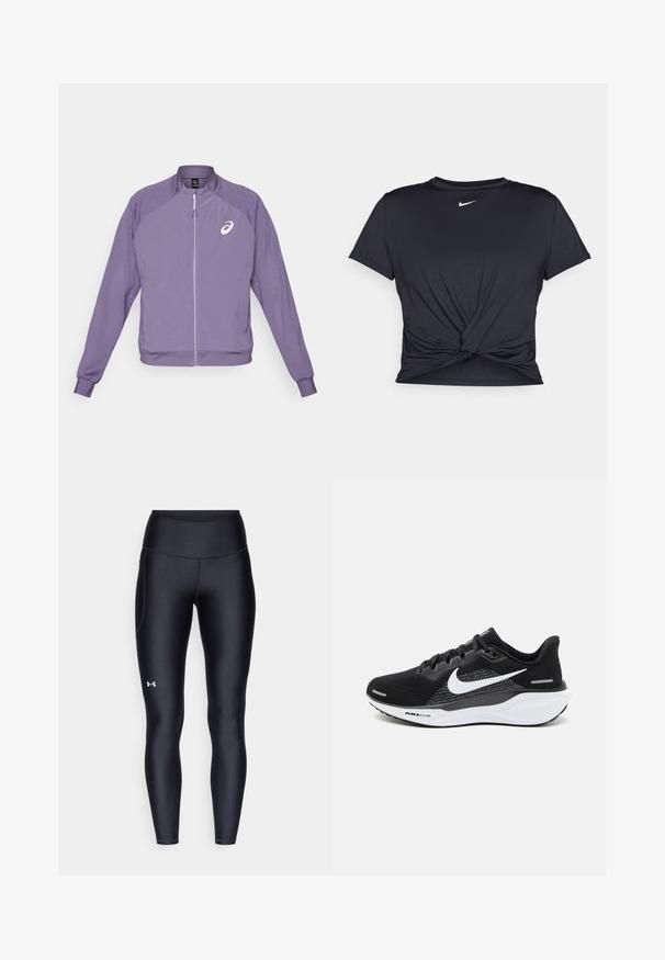 Lila Sportjacke mit Reißverschluss vorne, Netz-Einsätzen an den Schultern, gerippten Bündchen und einem weißen Logo auf der linken Brust. Leichter Stoff.; Schwarzes Sport-T-Shirt aus glattem Stoff, mit einem geknoteten Vorderdesign und einem kleinen weißen Nike-Logo auf der Brust.; Schwarze Leggings aus glattem, elastischem Material mit einem hohen Bund. Mit einem weißen Logo auf dem linken Oberschenkel und tailliertem Design.; Schwarzer Sportschuh mit einem Mesh-Obermaterial, einem weißen Nike Swoosh und einer weißen gepolsterten Sohle mit strukturierten Details.