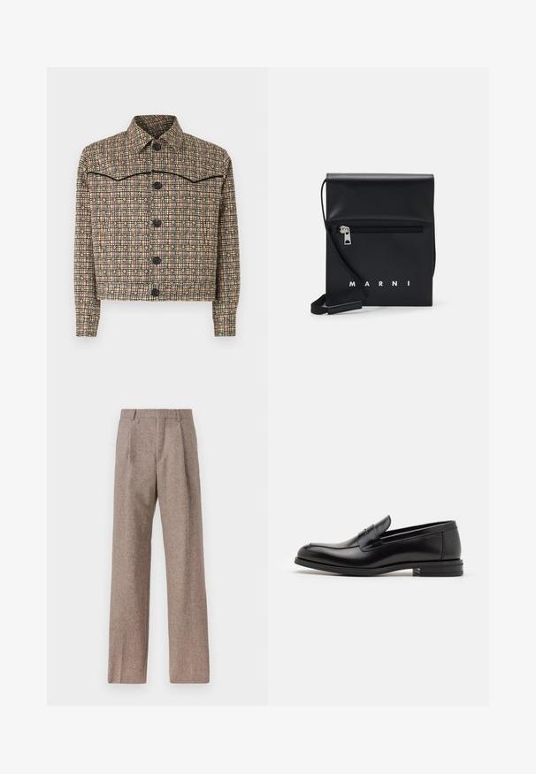 Checkered cropped jacket in beige, pink, and black fabric. Features a collar, long sleeves, and five black buttons with a floral pattern.; White long-sleeve button-up shirt made of cotton, featuring a chest pocket with tonal embroidery, a collar, and button cuffs.; Brown, high-waisted trousers made of textured fabric. Features wide legs and two front pleats for structure. Neat finish with no visible hardware.; Black leather loafers with a smooth texture, rounded toe, and a decorative strap across the vamp. Low stacked heel, minimalist design.; Black leather crossbody bag with a zippered front pocket, embossed logo, and adjustable strap. Smooth texture with a structured shape.