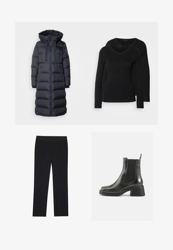 Marc O'Polo LONG COAT FEMININE SHAPE WITH HOOD - Abrigo de plumas - deep blue sea; Dos camisetas negras de manga larga con diseño de escote en V, confeccionadas en una tela suave y elástica, que muestran una textura lisa y una forma ajustada.; Pantalones negros con un diseño de pierna recta, que cuentan con bolsillos laterales y una textura de tela suave. Detalles mínimos y cinturilla limpia.; Botas de cuero negras hasta el tobillo con un acabado liso, paneles laterales elásticos y un tacón grueso. Cuenta con una pestaña para facilitar su colocación.