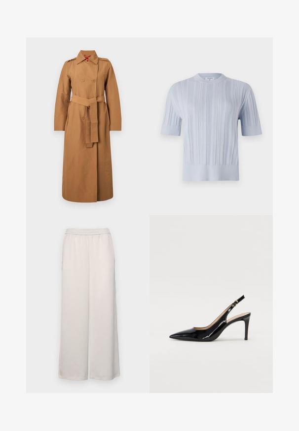 Dubultām josta pārsegs vieglā brūnā kokvilnā ar jostu viduklī, plecu epauletēm un garām piedurknēm. Gluda tekstūra ar minimālu aparatūru.; Gaišzils īsām piedurknēm adīts tops ar vertikālu ribu tekstūru un apaļu kakla izgriezumu. Audumam ir smalki akcenti ar pieguļošu apakšmalu.; Gaiši bēšas platās bikses ar elastīgu jostasvietu. Gluda auduma, pilnas garuma, bez redzamām rotājumiem vai rakstiem.; Melnas lakotās ādas slingback kurpes ar izteiktu degunu, šauru papēdi un smalku izgriezumu dizainu. Siksniņai ir zelta sprādze.