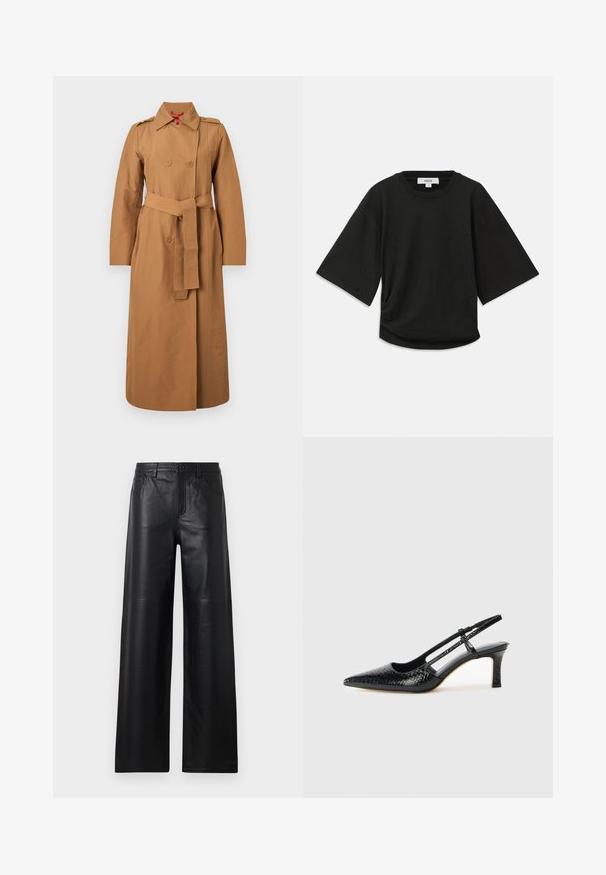 Podwójnie zapinany trencz w jasnobrązowej bawełnie z paskiem w talii, naramiennikami i długimi rękawami. Gładka tekstura z minimalną ilością dodatków.; Czarna koszulka z krótkim rękawem, wykonana z miękkiej bawełny, z okrągłym dekoltem i luźnym krojem, z subtelnym marszczeniem po boku.; Szerokie czarne skórzane spodnie o gładkiej fakturze, z przednimi kieszeniami, zapięciem na guzik i subtelnymi detalami szycia.; Czarne lakierowane czółenka na obcasie typu slingback z wąskim noskiem, z teksturowanym wzorem wężowym, regulowanym paskiem oraz krótkim, teksturowanym obcasem w kształcie słupka.