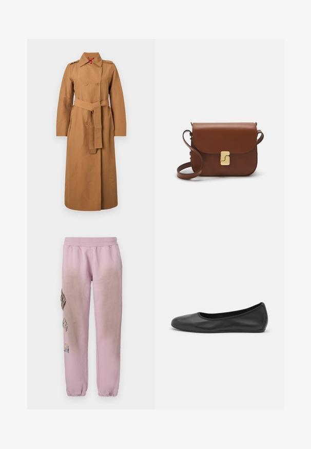 Doppelt besetzter Trenchcoat aus hellbraunem Baumwollstoff mit tailliertem Gürtel, Schulterklappen und langen Ärmeln. Glatte Textur mit minimaler Hardware.; Weißes kurzärmliges T-Shirt aus geripptem Stoff. Runder Halsausschnitt, normale Passform und dezente Nähte. Keine Muster oder Grafiken.; Rosa Sweatpants mit elastischem Bund, verziert mit dekorativen Patches in Diamantform auf der linken Seite und elastischen Bündchen an den Knöcheln.; Schwarze Leder-Ballettschuhe mit abgerundeter Spitze, glatter Textur, minimalen Nähdetails und einem flexiblen Sohlen-Design.; Braune Ledertasche mit Klappenverschluss, Beschlägen in Goldfarbe, einem Schultergurt und einer glatten Oberfläche. Kompakte rechteckige Form.