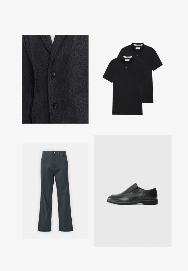 Ombre Klasický kabát - dark grey melange; Dvě černé polokošile s krátkým rukávem z bavlny, s klasickým límcem, dvouknoflíkovou légou a bílými pruhovanými akcenty uvnitř límce.; Černé kalhoty s rovnými nohavicemi, vyrobené z bavlněné směsi. Mají kovové zapínání a boční kapsy. Bez viditelných vzorů.; Černá kožená nazouvací bota s hladkým svrškem, prošívanými detaily, zaoblenou špičkou a nízkým gumovým podpatkem. Podešev má minimální vzorek.