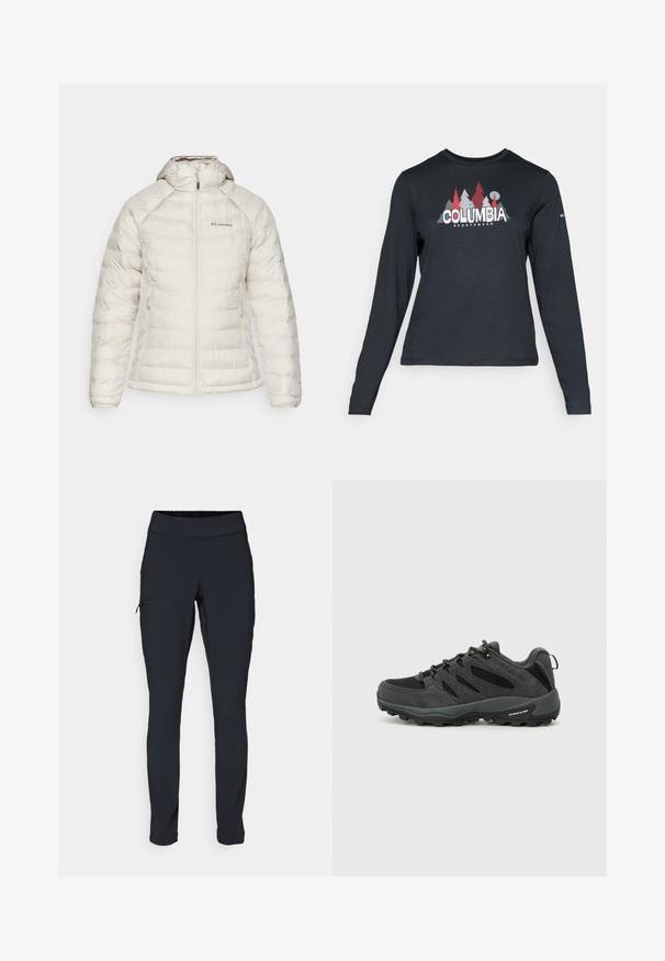 Casaco isolado branco com capuz, apresentando uma frente com fecho éclair, dois bolsos laterais e uma bainha com nervuras. Feito de material sintético suave.; Camisa de mangas longas cinza escuro com um gráfico de árvores vermelhas e montanhas; logótipo "COLUMBIA" em texto branco em negrito. Tecido suave, cuello redondo padrão.; Calças de atletismo pretas com um corte ajustado, cintura elástica e um bolso lateral com fecho. Tecido suave e elástico com costuras mínimas.; Columbia REDMOND - Sapatos de caminhada - black/citron haze