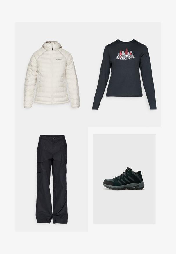 Hvit isolert jakke med hette, med glidelås foran, to sidelommer og ribbekant. Laget av glatt, syntetisk materiale.; Langermet mørkegrå skjorte med grafikk av røde trær og fjell; "COLUMBIA" logo i fet hvit tekst. Mykt stoff, standard rund hals.; Columbia BREA FALLS™ COTTON RIPSTOP PANT - Friluftsbukser - black; Columbia REDMOND - Fjellsko - black/citron haze