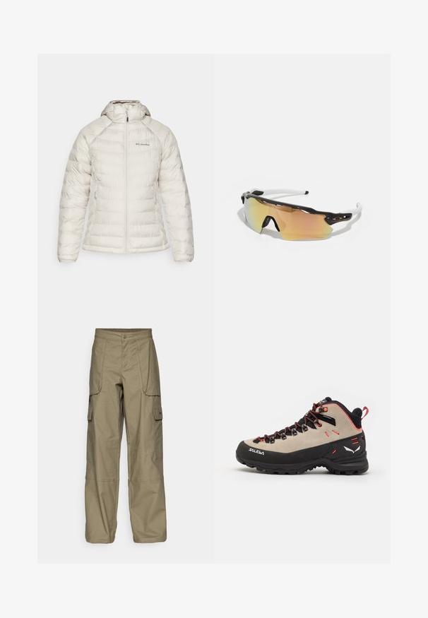 Giacca isolata bianca con cappuccio, dotata di una chiusura con zip, due tasche laterali e un orlo a coste. Realizzata in materiale sintetico liscio.; T-shirt in cotone nero con collo a giro e maniche corte. Logo bianco ben visibile sulla parte superiore sinistra. Tessuto liscio, vestibilità casual.; Pantaloni cargo in tessuto verde oliva, caratterizzati da una vestibilità ampia, numerosi taschini laterali e una chiusura con bottone in vita. Texture liscia.; Scarponi da trekking da uomo con tomaia in suede beige, suola in gomma nera, dettagli rossi e design con lacci per una vestibilità sicura.; Occhiali da sole con montatura bianca e nera, lenti specchiate grandi nei toni dell'oro e del rosa, design aerodinamico e un bordo esterno allargato.