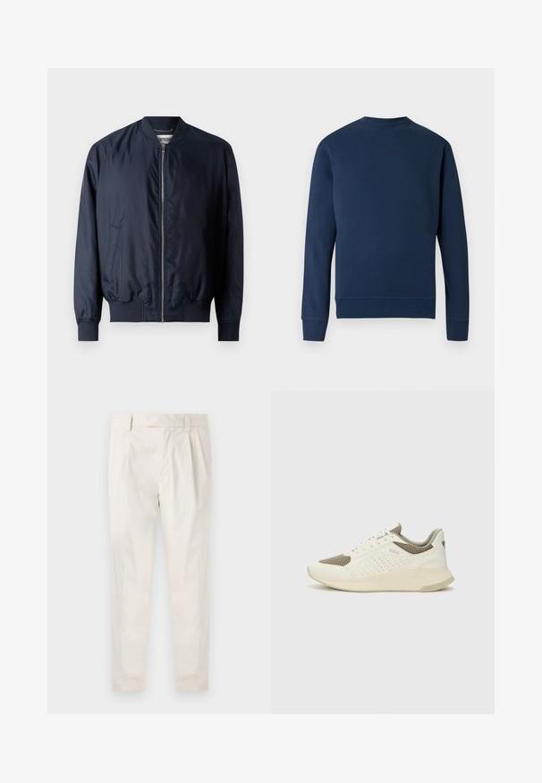 Navy bomber jacket with a smooth, shiny finish, ribbed cuffs and hem, features a front zipper, and side pockets.; Navy blue sweatshirt with a round neck, ribbed cuffs, and hem. Features a subtle logo at the chest in a matching color. Smooth fabric texture.; White, pleated trousers with a tailored fit, featuring a smooth texture, belt loops, and tapered legs. No visible pockets or patterns.; White and light beige athletic sneaker, featuring a mesh upper, perforated detailing, and a textured midsole with branding on the heel.