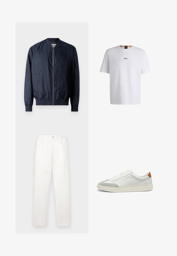 Marine bomberjakke med en glat, skinnende overflade, ribbede manchetter og kant, har lynlås foran og sidelommer.; Hvid bomuld T-shirt med korte ærmer, med et sort "BOSS" logo centreret på brystet og en rund halsudskæring.; Hvide bukser lavet af glat stof, med en lige ben design, forpleater og en enkelt knap lukning i taljen.; Hvide lædersneakers med grå ruskindsdetaljer og en tan læderhæltap. Har en struktureret overflade og en let sål.