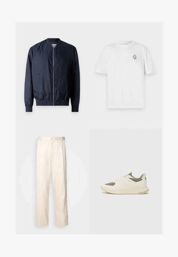 Jachetă de bombardier bleu marin cu un finisaj neted și lucios, cu manșete și tiv zimțat, prevăzută cu un fermoar frontal și buzunare laterale.; Tricou alb din bumbac cu o croială lejeră, având un mic logo grafic negru în zona stângă a pieptului. Mâneci scurte, stil guler rotund.; Pantaloni din bumbac bej, cu croială dreaptă, dotati cu închidere cu nasture și pliuri în față pentru un plus de detaliu.; Tenis sportivi alb și bej deschis, cu un înveliș din plasă, detalii perforate și o talpă intermediară texturată, având marcaj pe călcâi.