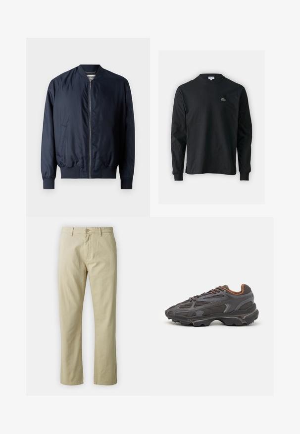 Casaco de piloto azul-marinho com um acabamento liso e brilhante, punhos e bainha canelados, apresenta um fecho frontal e bolsos laterais.; Camisola preta de manga longa feita de algodão, com decote redondo e um pequeno logótipo de crocodilo bordado em verde no lado esquerdo do peito.; Calças de algodão bejes com um design de perna reta, fecho frontal com botão e passantes para cinto. Textura suave, sem padrões ou detalhes visíveis.; Ténis Lacoste em cinza-escuro com material em malha e sintético, apresentando uma sola texturizada e detalhes castanhos na gola e na marca.