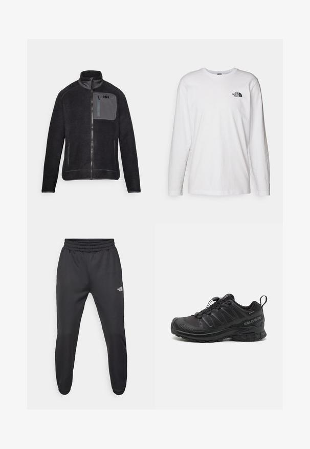 Dark fleece jacket with a high collar, front zip closure, and gray chest pocket. Features side pockets and textured fabric.; White long-sleeve T-shirt made of cotton with a crew neck. Features a small black logo on the chest. Smooth texture, regular fit.; Black sweatpants with a drawstring waist, tapered fit, elastic cuffs, and a small white logo on the left thigh, made from smooth fabric.; Black athletic shoe with a textured synthetic upper, cushioned sole, and a quick-lacing system. Features a reinforced toe and heel.