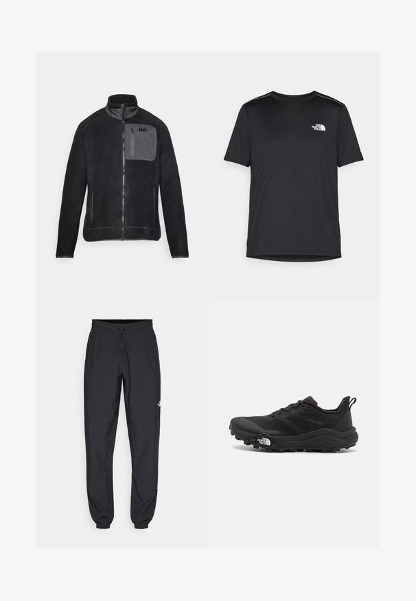 Dark fleece jacket with a high collar, front zip closure, and gray chest pocket. Features side pockets and textured fabric.; Black short-sleeve T-shirt made from lightweight fabric. Features a small white logo on the left chest and subtle shoulder accents.; Black athletic pants made from lightweight fabric, featuring a drawstring waistband, side pockets, and tapered cuffs at the ankles.; Black trail running shoe with a textured upper, rubber sole, and reinforced toe cap. Features a padded collar and pull tab for easy wear.