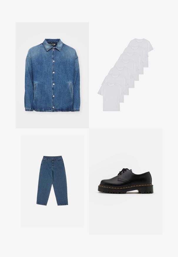 Jeans jakna v srednje modri barvi s ovratnikom, sprednjimi gumbi na zapiranje, stranskimi žepki in elastičnimi manšetami za sproščen videz.; Beli bombažni T-majici, kratki rokavi, krožni izrez, enostavna tekstura, zloženi v vrsto, s subtilnim logotipom na vratu.; Modre traperke z ohlapnim krojem, visokim pasom, petimi žepi in poudarjenim šivanjem. Imajo gumb in zadrgo za zapiranje.; Črne usnjene čevlje z vezalkami in zaobljenim nosom, z gumijastim podplatom in rumenim šivom okoli osnove. Ravna zasnova in gladka površina.