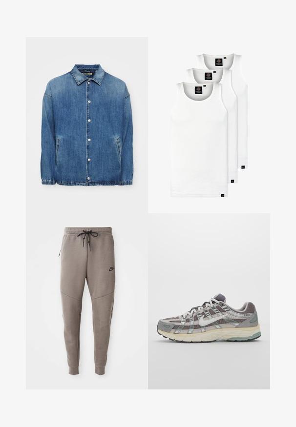 Medžio mėlynos džinsų striukė su apykakle, priekyje užsegama spaustukais, šoninės kišenės ir elastingi manžetai, kad būtų patogiai prigludusi.; Trys balti, dryžuoti marškiniai be rankovių, pagaminti iš medvilnės. Yra apvalus kaklas ir maži juodi etiketės netoli siūlės. Siūlomi įvairių dydžių.; Pilkos Nike kelnės su raišteliu liemenyje, siaurėjančiomis kojomis, šoninėmis kišenėmis ir išskirtiniais siūlų detalėmis. Minkšta, tekstūruota medžiaga.; Pilkas sportinis batas su tinklu ir zomšos viršutine dalimi, baltomis detalėmis, paminkštintu padu ir išskirtiniu dizainu su atspindinčiais elementais.