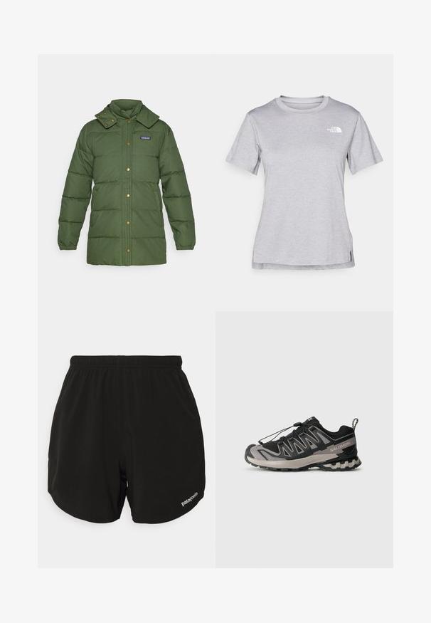 Patagonia PARKA - Dunkappa / -rock - torrey pine green; Grå kortärmad t-shirt i mjukt, fuktavledande tyg. Har en rund halsringning och en liten vit logotyp på övre vänstra sidan.; Svarta sportshorts med elastisk midja, med rundad fåll, sidofickor och en liten vit "Patagonia"-logotyp på nedre högra sidan.; Svart och grå sportskor med övre i mesh, gummisula och elastiskt snörsystem. Har en förstärkt tå och texturerade detaljer.