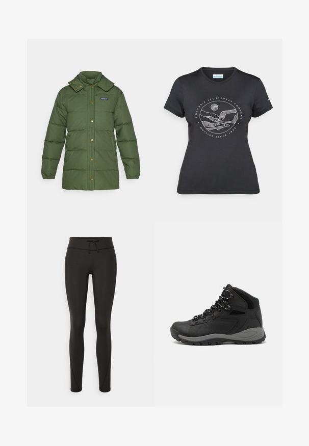 Patagonia PARKA - Πουπουλένιο μπουφάν - torrey pine green; Μαύρο μπλουζάκι Columbia με λευκή κυκλική γραφική τέχνη βουνού και ποταμού και κείμενο "Columbia Sportswear Company Έξω από το 1938."; Μαύρα κολάν με ψηλή μέση, κορδόνι, λείες υφές και εφαρμοστό σχέδιο. Περιλαμβάνουν ραφές στα πλάγια.; Μαύρο ορειβατικό μποτάκι με μεσαίο ύψος, διαθέτει υφή στην επάνω επιφάνεια, γκρι λεπτομέρειες και ανθεκτική καουτσούκ σόλα με αυλάκια πρόσφυσης.