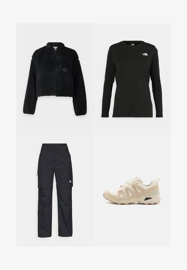 Mustern laheka, millel on kõrge krae, lühendatud disain, pikad varrukad, eesmine tasku ja tekstureeritud kangas. Rinnal on logo.; Must mustahiheline T-särk, millel on pikad varrukad, valmistatud puuvillast ja ümarast kaelusest. Vasakul rinnal on väike valge logo. Lihtne disain ja sobivus.; Mustad nailonist valmistatud eemaldatavad cargo-püksid, reguleeritavate pahkluudega, mitmete taskutega ja paremal jalal logoga. Sile, kerge tekstuur.; Beež ja koobalti spordijalats tekstureeritud võrkkattega, toetavad ülemised kihid ja kummist tallaga, millel on mustriga joonistus haardeks.