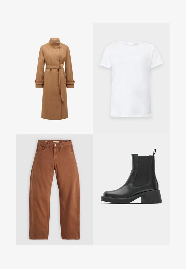 Kamieša krāsas vilnas maisījuma mēteli ar augstu apkakli, pogu aizdari, jostu viduklī un sānu kabatām. Iespējams, tam ir sarullēti piedurknes un taisna griezuma siluets.; Balta īsām piedurknēm T-krekls, izgatavots no kokvilnas, ar apaļu kakla izgriezumu. Gluda tekstūra un taisna piegriezuma, bez rakstiem vai akcentiem.; Rūsu brūnas taisnas kājas džinsi ar priekšējām un aizmugurējām kabatām, metāla kniedēm, pogu aizdari un jostas cilpām, izlikti uz balta fona.; Melna ādas potītes zābaki ar elastīgām sānu daļām, noapaļota purngala forma un masīls blokveida papēdis. Gluda tekstūra un minimālisma dizains.