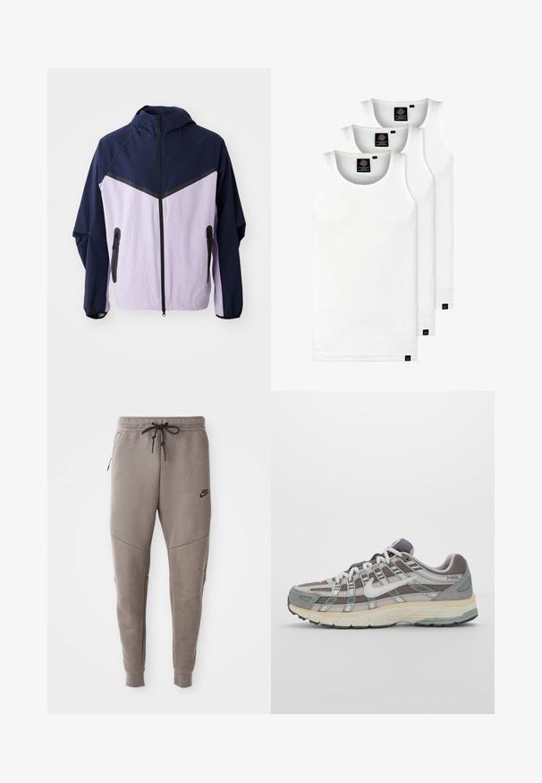 Nike lettvektsjakke, marineblå og lyse lilla fargeblokker, glidelås foran, hette, har svarte glidelåser og halvpaneldesign på skuldrene.; Tre hvite ribbestrikkede tank topper laget av bomull. Har en rund hals og små svarte etiketter nær kanten. Tilgjengelig i flere størrelser.; Grå Nike joggebukser med snor i midjen, smale ben, sidelommer og distinkte sømdetaljer. Myk, teksturert stoff.; Grå treningssko med overdel i nett og semsket skinn, hvite detaljer, en polstret såle, og et særpreget design med reflekterende elementer.