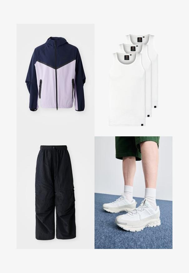 Nike vieglā jaka, jūras zila un gaiši violeta krāsu bloki, ar rāvējslēdzēju priekšā, ar kapuci, ietver melnus rāvējslēdzējus un puspaneļa dizainu uz pleciem.; Trīs baltas ribotas krūšturi, kas izgatavoti no kokvilnas. Iezīmēti ar apaļu kakla izgriezumu un maziem melniem etiķetēm tuvu apakšmalai. Pieejami vairākos izmēros.; Melnas vieglas neilona cargo bikses ar elastīgu jostu, regulējamu auklu un vairākiem slāņotiem kabatām uz kājām.; Baltas sporta apavi ar teksturētām detaļām, masīvu zoli un pelēkiem akcentiem. Valkāti ar baltiem zeķu pēdu apģērbiem un zaļām šortiem uz zilas virsmas.