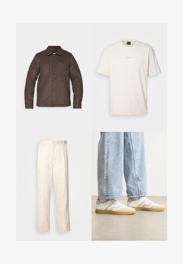 Ruda, vilnonė striukė su mygtukų priekiu, smailiu apykakle ir dviem krūtinės kišenėmis. Pasižymi minkšta tekstūra ir kasdienišku dizainu.; BOSS TEE - Paprasti marškinėliai - open white; Bežinės medvilninės kelnės su tiesiu kirpimu, turinčios mygtuko uždarymą ir priekyje raukšles papildomai dekoratyviam akcentui.; Baltos sportbačiai su smėlio spalvos zomšos akcentais ir šviesiais gumos padais; turi žemą dizainą ir tekstūruotą apdailą viršuje.