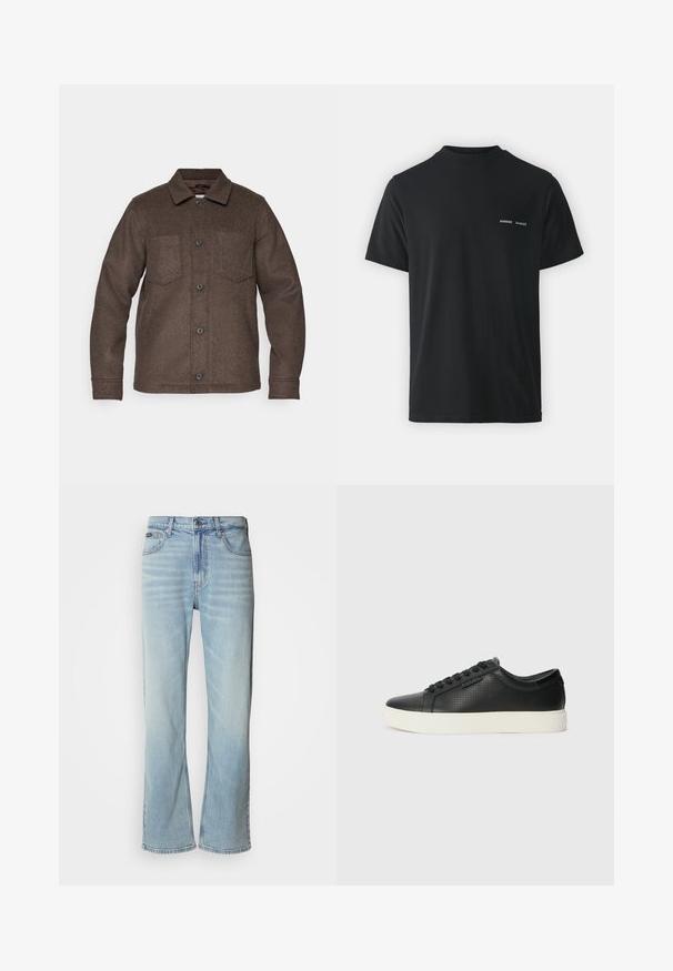 Hnědá vlna bunda s knoflíkovým zapínáním vpředu, špičatým límcem a dvěma náprsními kapsami. Má měkkou texturu a ležérní design.; Černé bavlněné tričko s klasickým kulatým výstřihem, krátkými rukávy a dvěma malými bílými logy "SAMSØE" na levé straně hrudi.; Světlé modré denimové džíny s rovnými nohavicemi, obsahující pět kapes, zapínání na knoflík a jemné vyblednutí na látce.; Černé kožené tenisky s perforovanou texturou, kulatou špičkou a plochou bílou gumovou podrážkou. Mají černé tkaničky a jemné logo na boční straně.